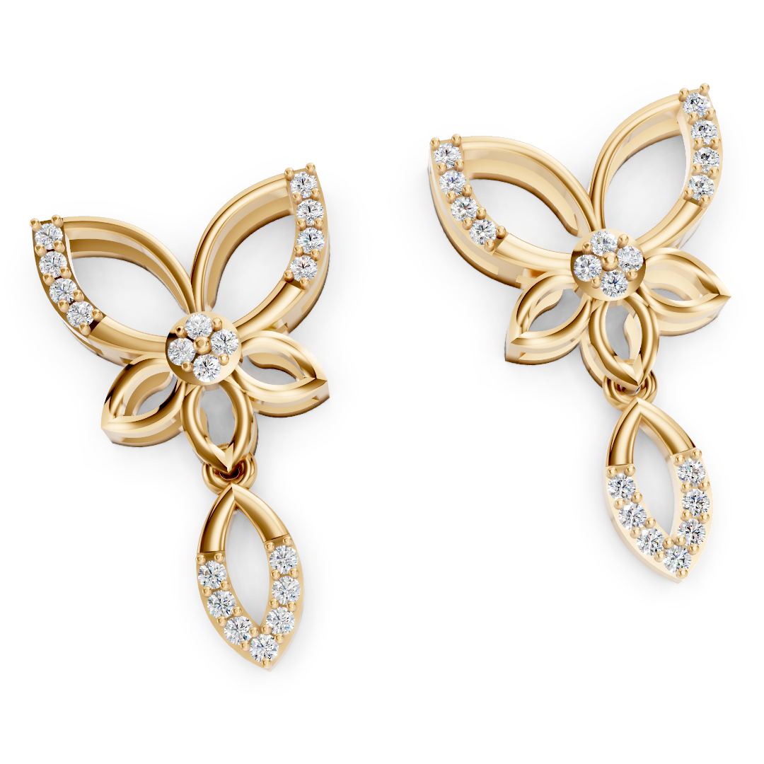 Yellow Gold Open Floral Diamond Drop Earrings