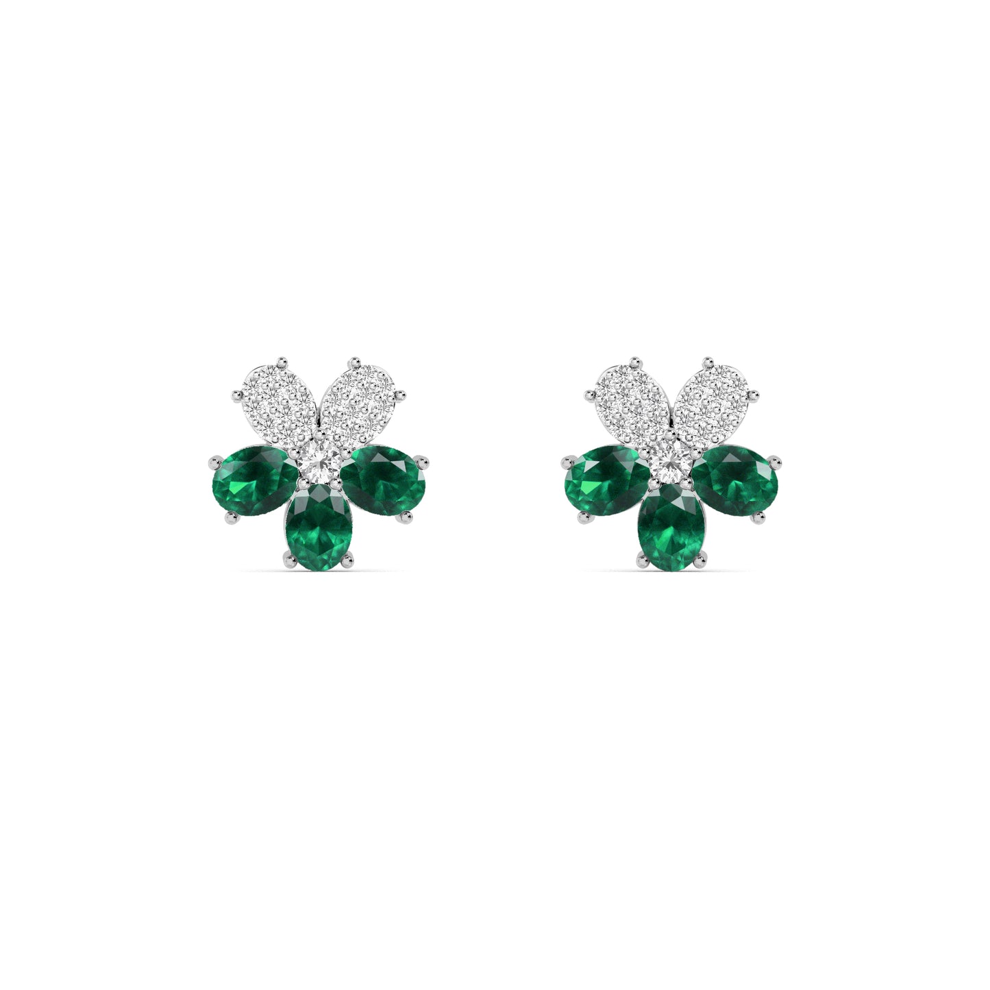 White Gold Emerald Diamond Flower Stud Earrings