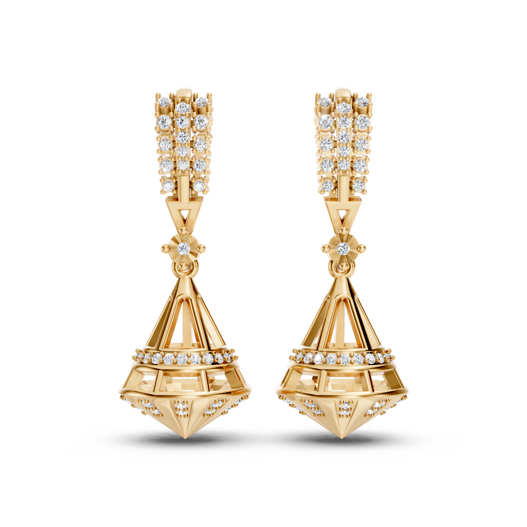 Geometric Jhumka Diamond Drop Earrings 14K Yellow Gold