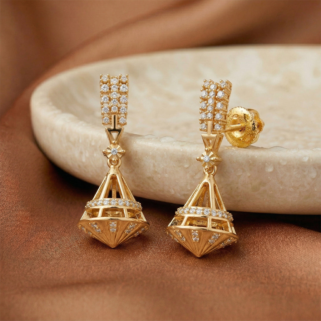 Geometric Jhumka Diamond Drop Earrings 14K Yellow Gold