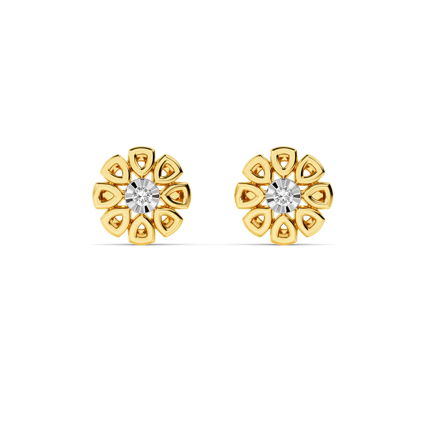 Yellow Gold Flower Diamond Solitaire Stud Earrings
