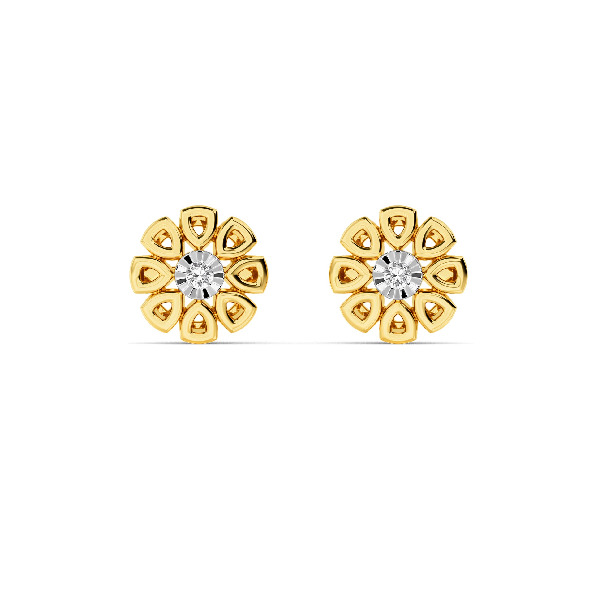 Yellow Gold Flower Diamond Solitaire Stud Earrings