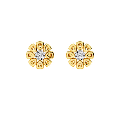 Yellow Gold Flower Diamond Solitaire Stud Earrings