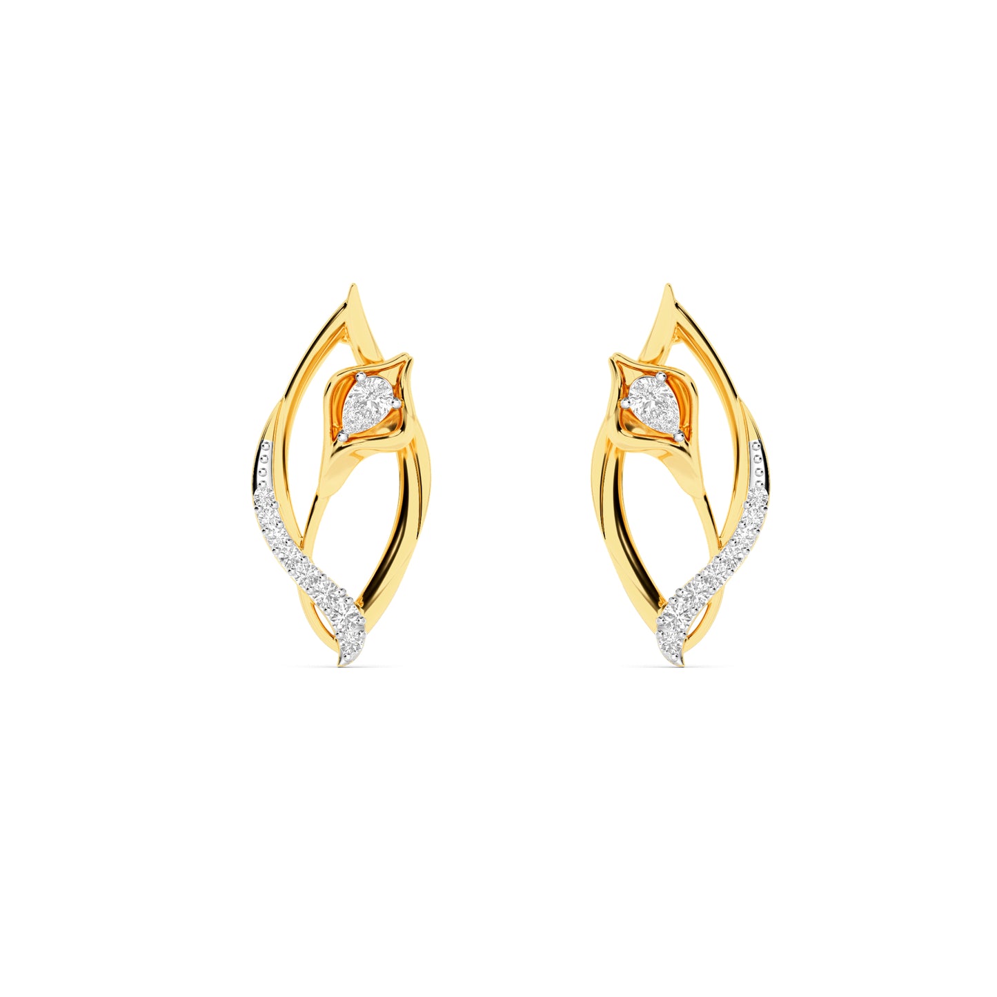 Yellow Gold Leaf Twist Diamond Stud Earrings