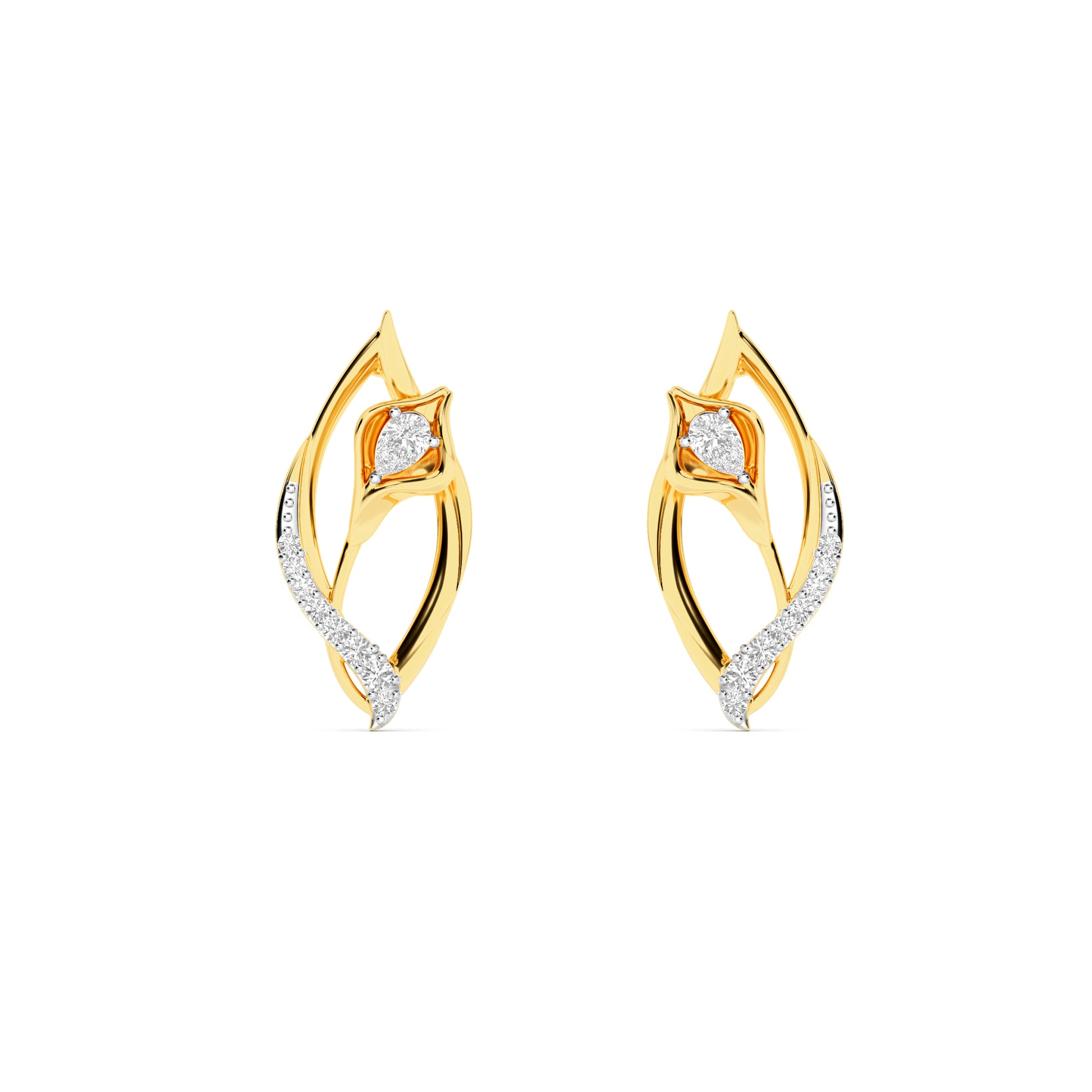 Yellow Gold Leaf Twist Diamond Stud Earrings