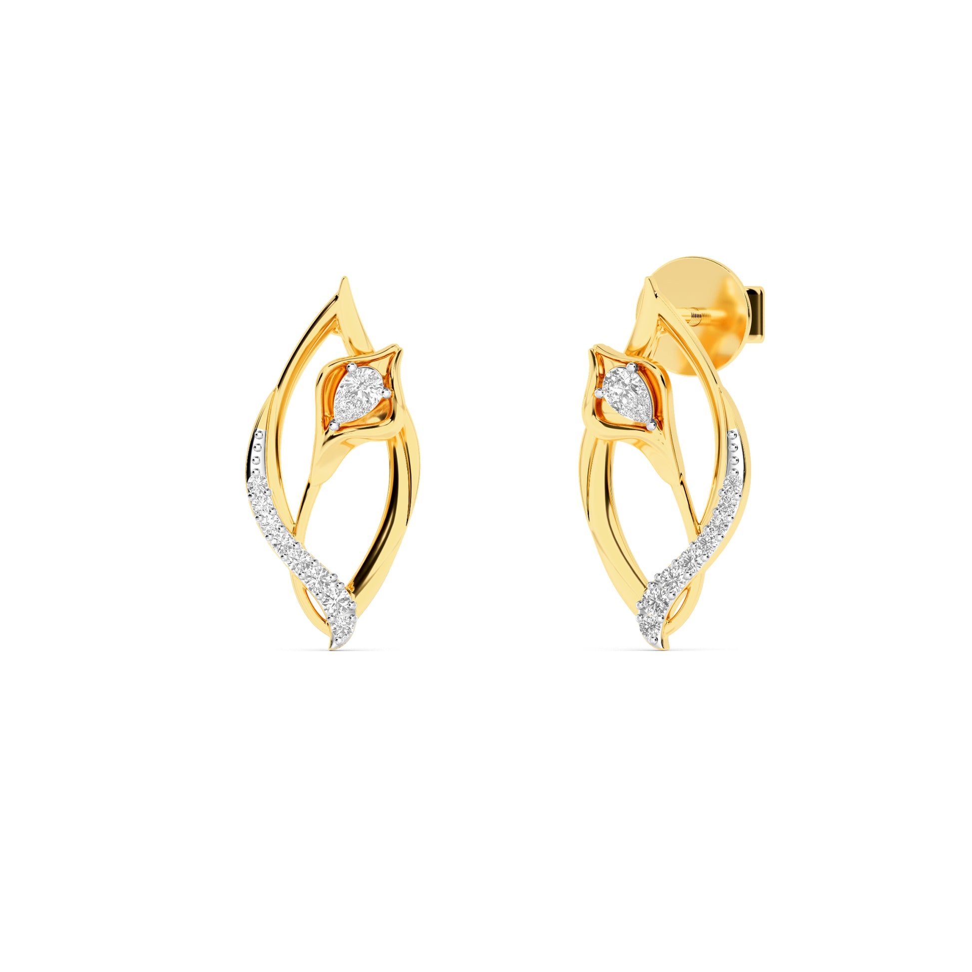 Yellow Gold Leaf Twist Diamond Stud Earrings