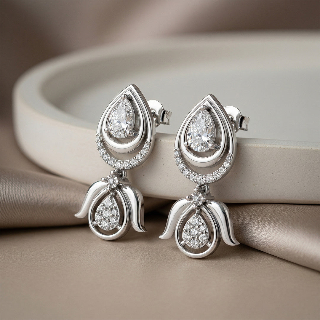 White Gold Pear Diamond Jhumka Drop Earrings