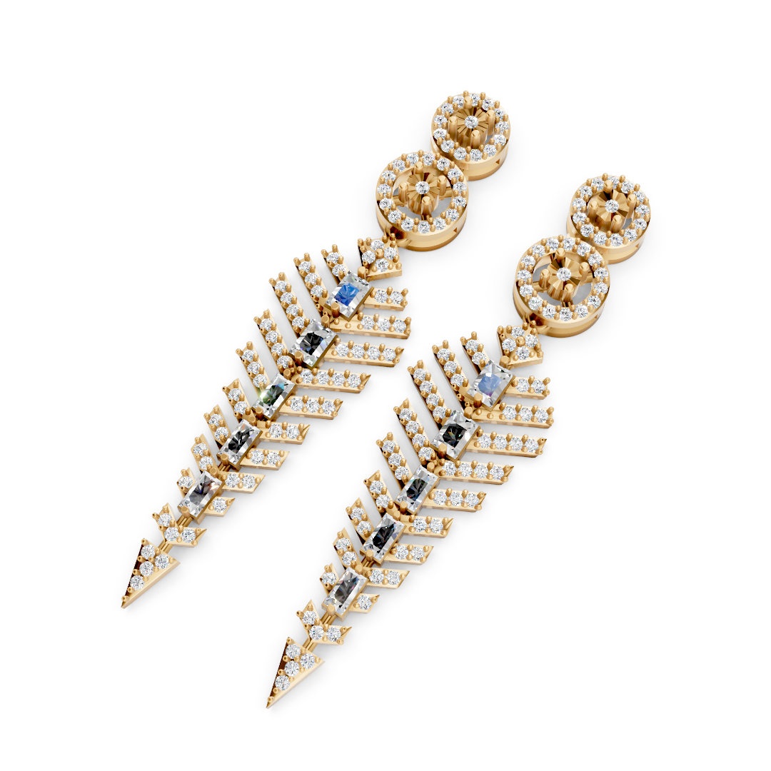 Yellow Gold Baguette Chevron Long Drop Earrings
