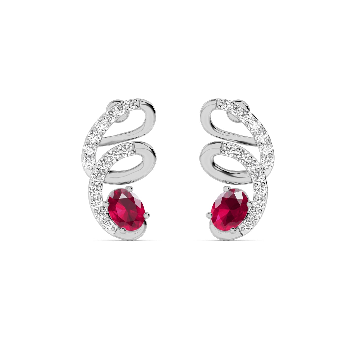 White Gold Ruby Spiral Pavé Diamond Earrings