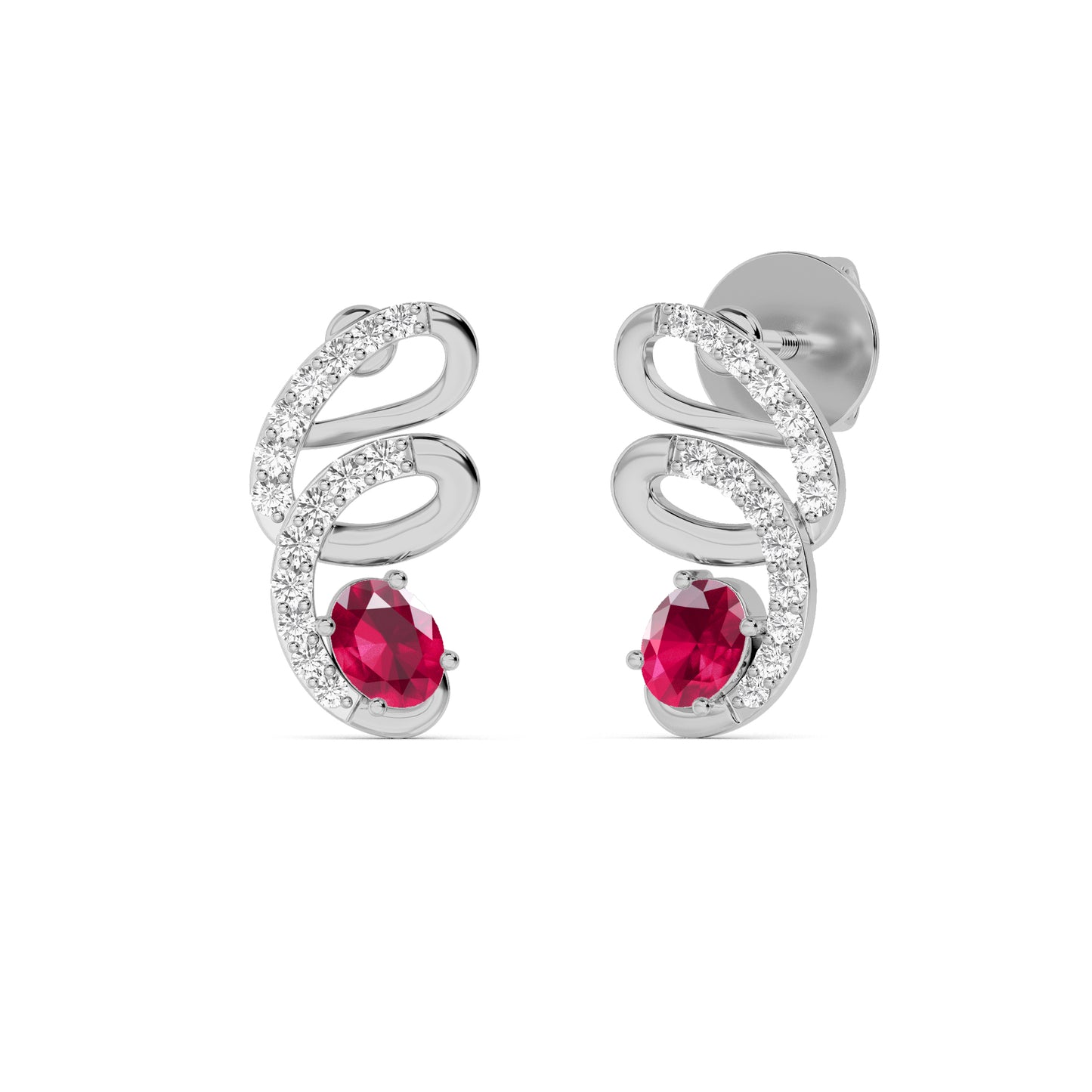White Gold Ruby Spiral Pavé Diamond Earrings