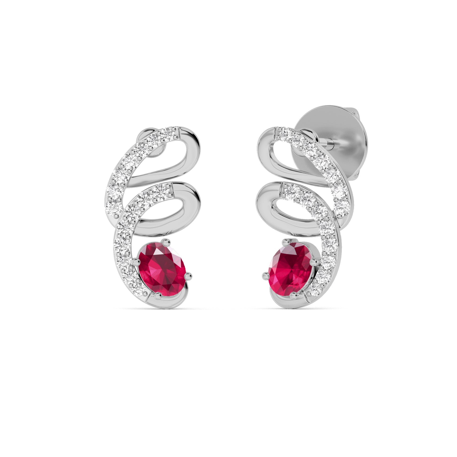 White Gold Ruby Spiral Pavé Diamond Earrings
