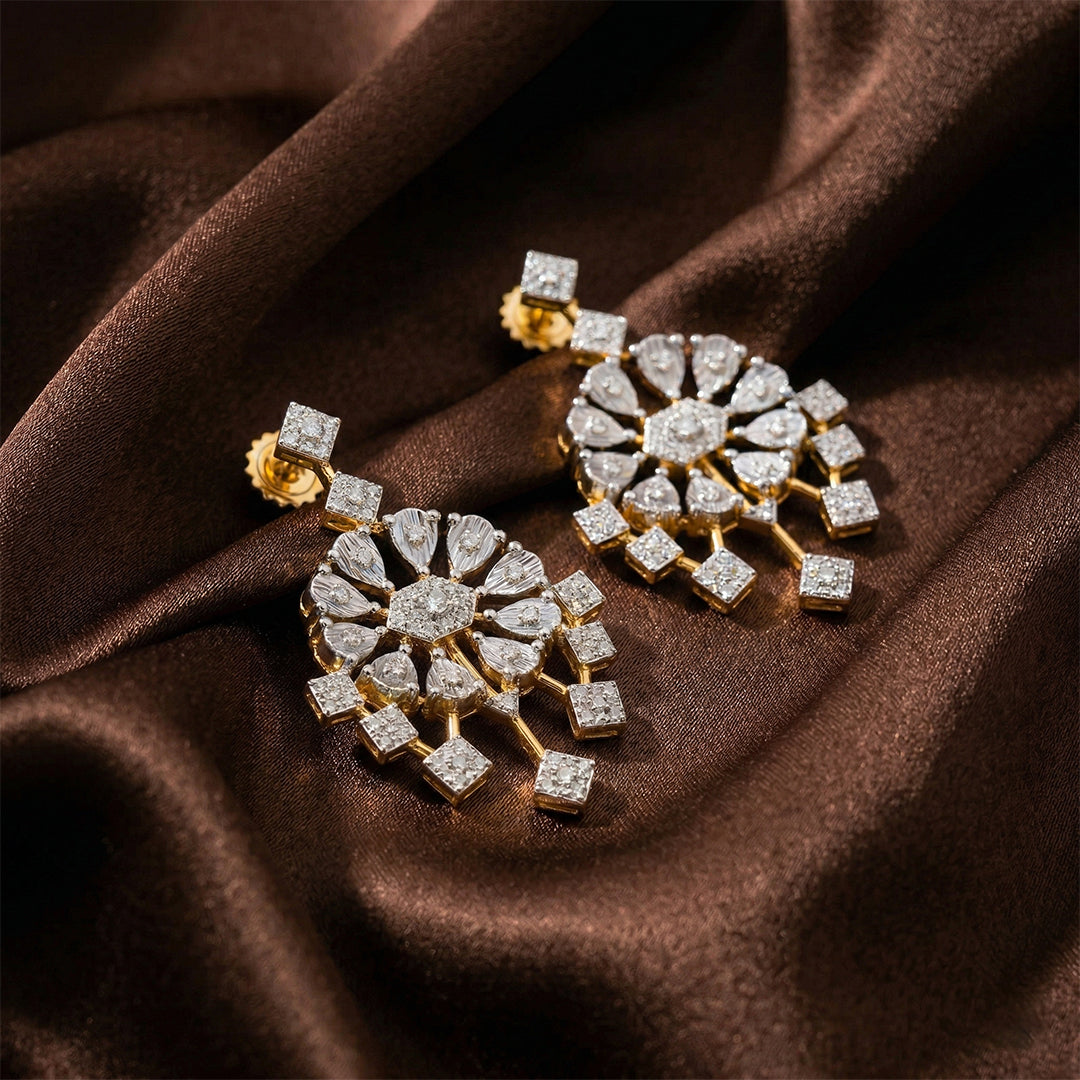 Yellow Gold Chandelier Floral Diamond Earrings