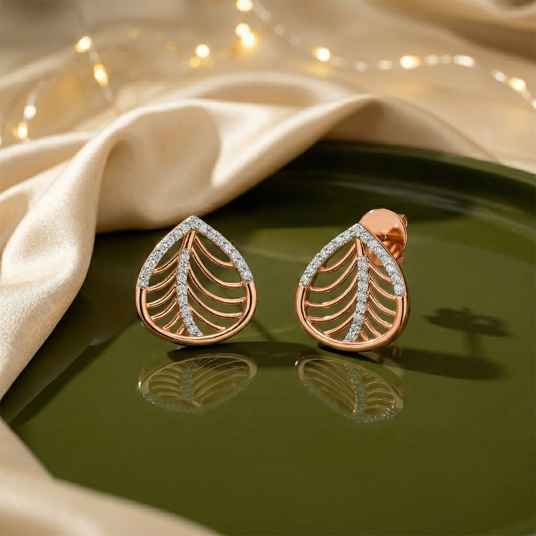 Rose Gold Leaf Rib Diamond Stud Earrings