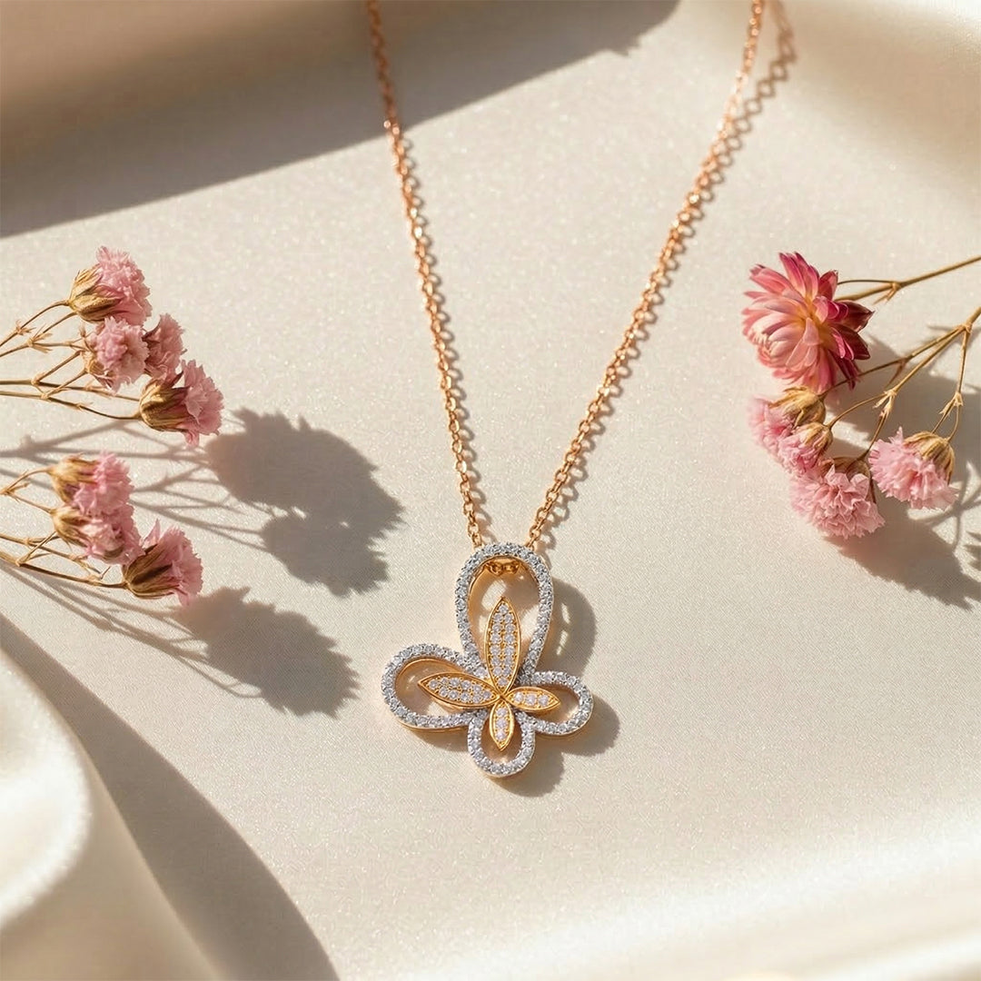 Two-Tone Butterfly Floral Diamond Pendant