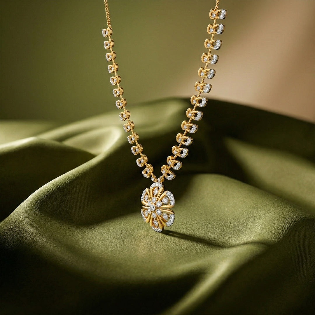 Floral Vine Diamond Long Necklace 14K Yellow Gold