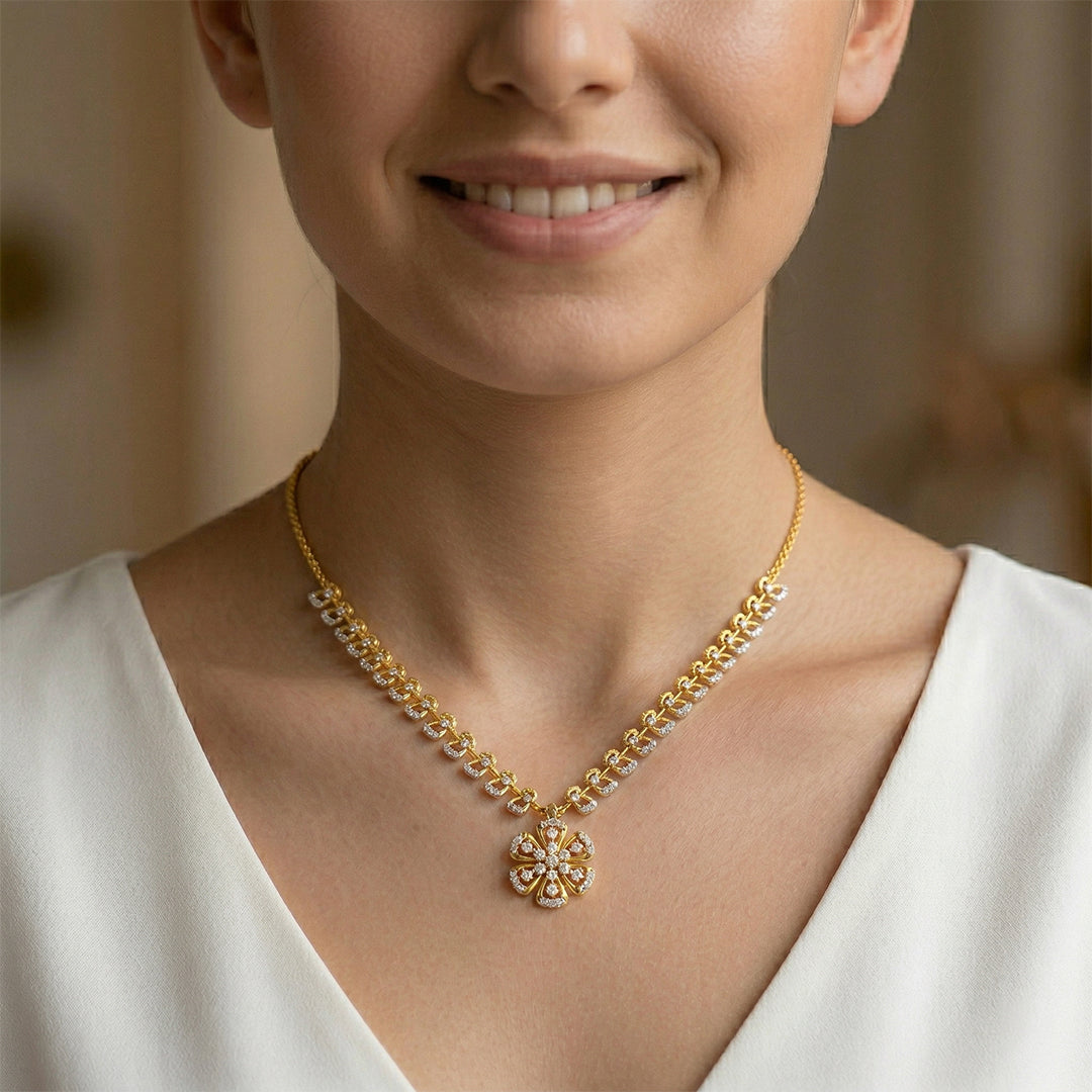 Floral Vine Diamond Long Necklace 14K Yellow Gold