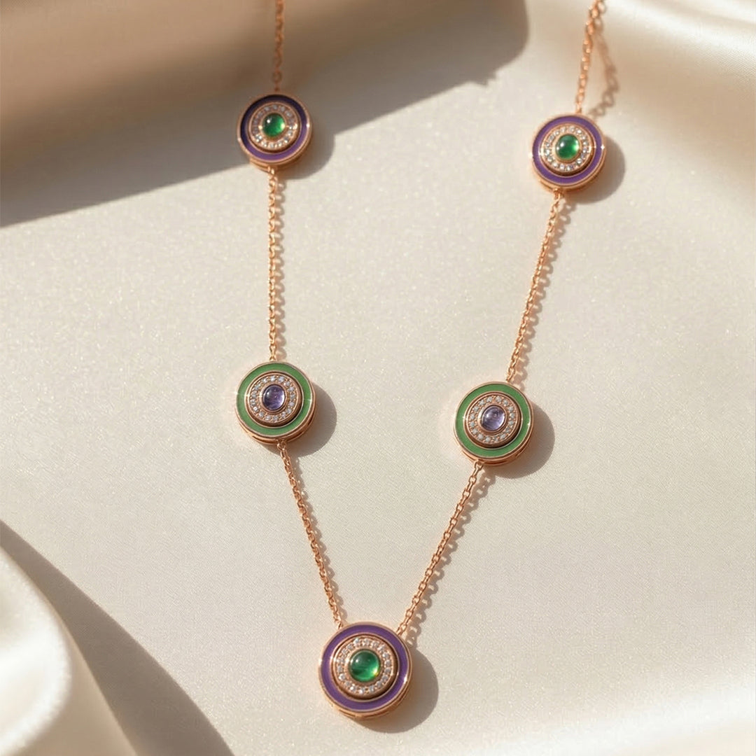 18K Rose Gold Colourful Station Diamond Necklace