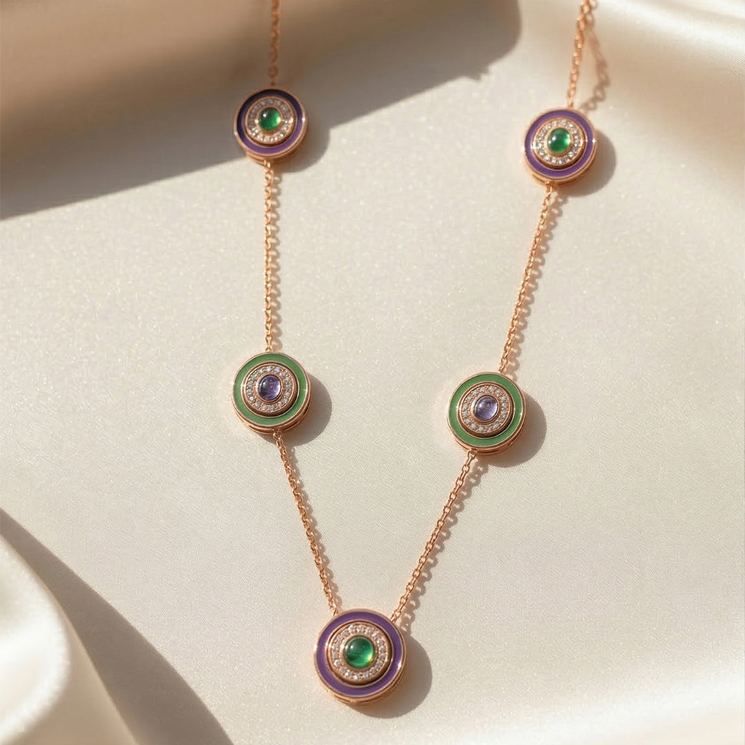 Turquoise Green Enamel Diamond Station Necklace