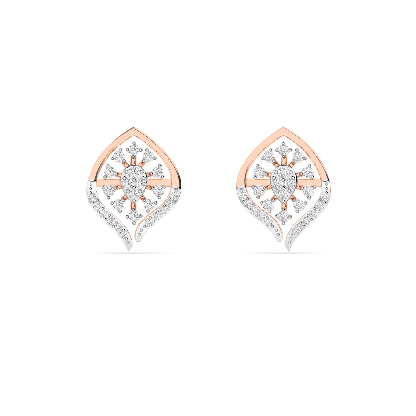 Rose Gold Diamond Sunburst Leaf Stud Earrings