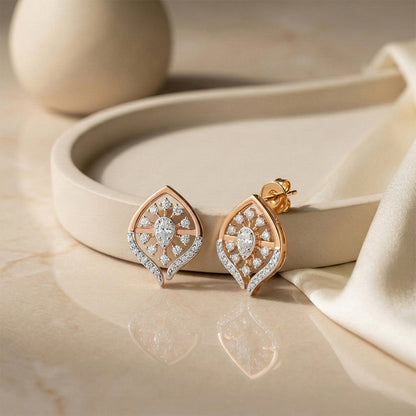 Rose Gold Diamond Sunburst Leaf Stud Earrings