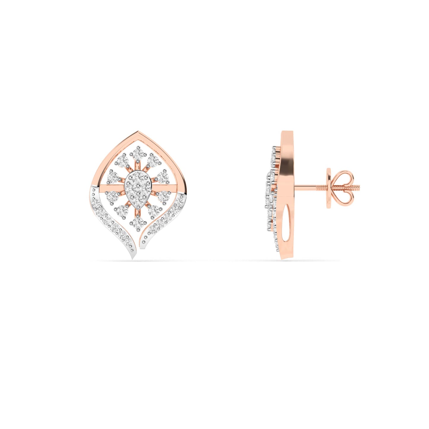 Rose Gold Diamond Sunburst Leaf Stud Earrings