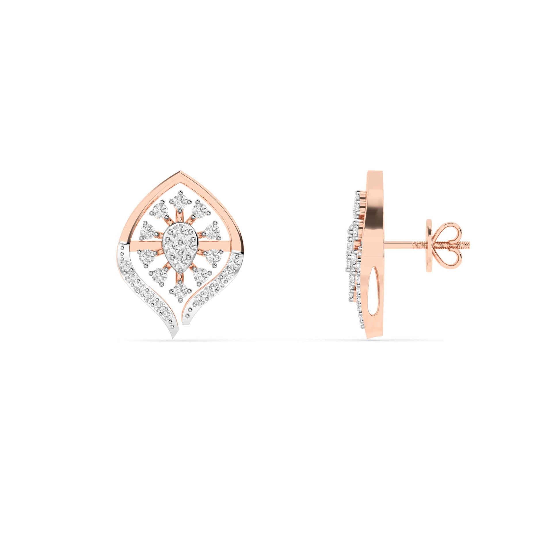 Rose Gold Diamond Sunburst Leaf Stud Earrings