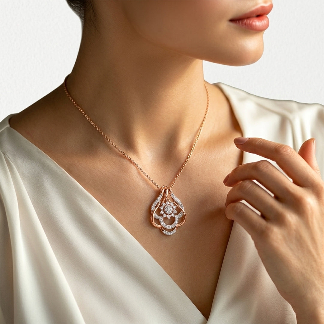 Rose Gold Diamond Floral Lattice Pendant Necklace
