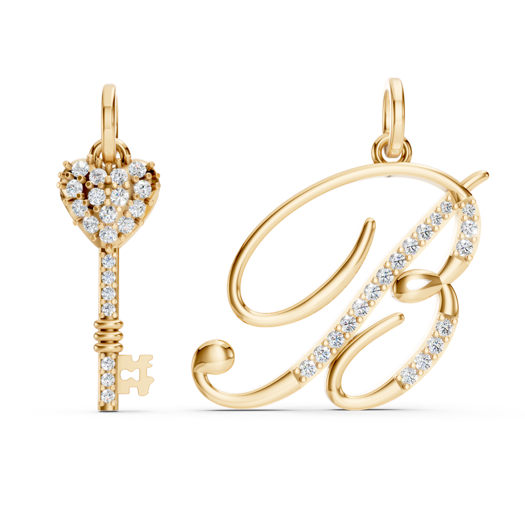Yellow Gold Diamond Heart Key Pendant Set