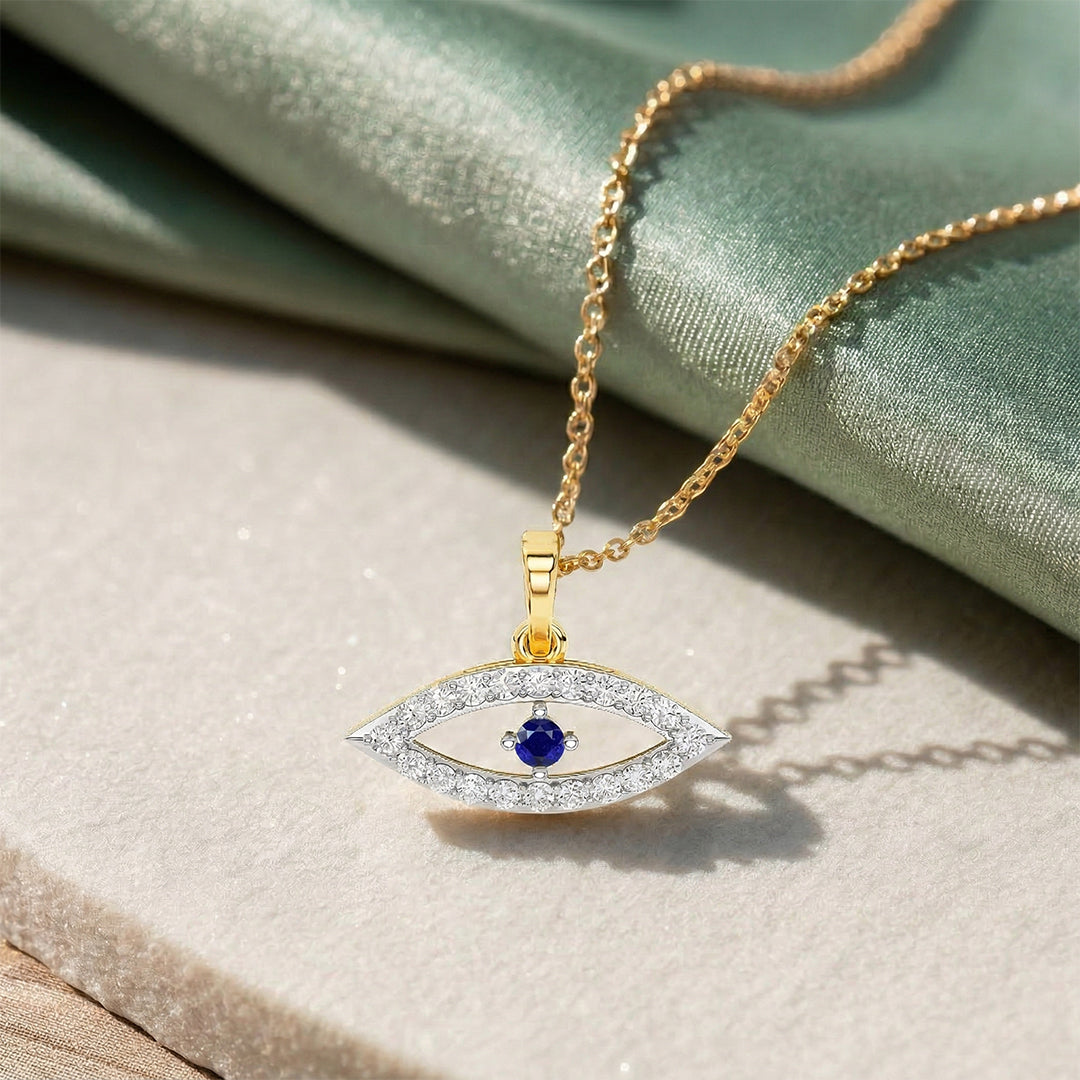 Yellow Gold Blue Sapphire Evil Eye Diamond Pendant