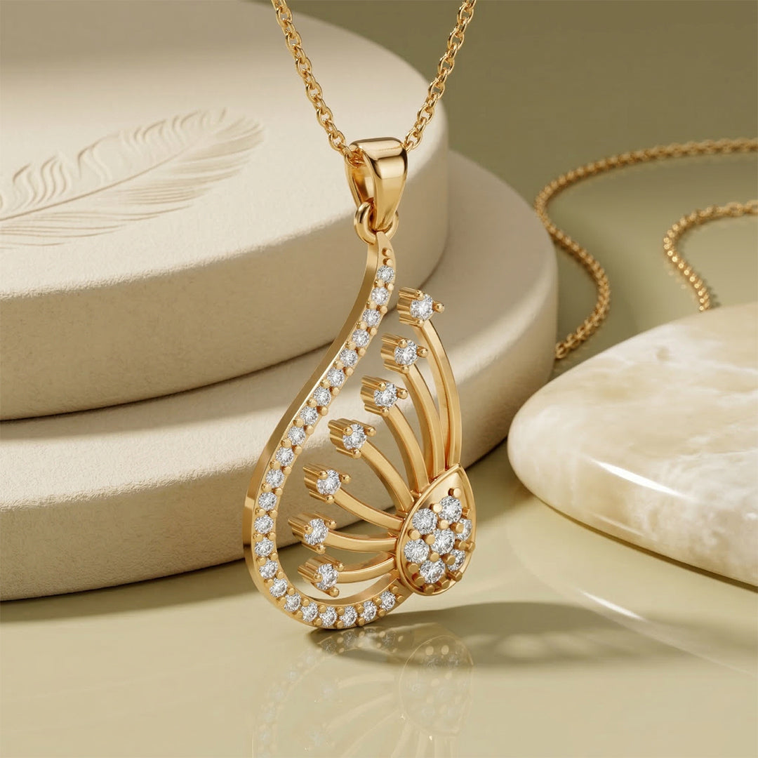 Yellow Gold Peacock Fan Diamond Cluster Pendant