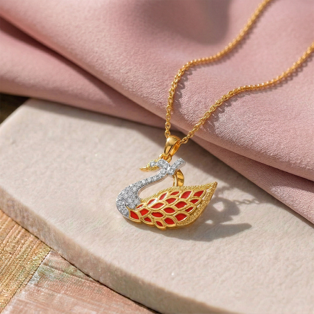 Yellow Gold Red Enamel Swan Pendant