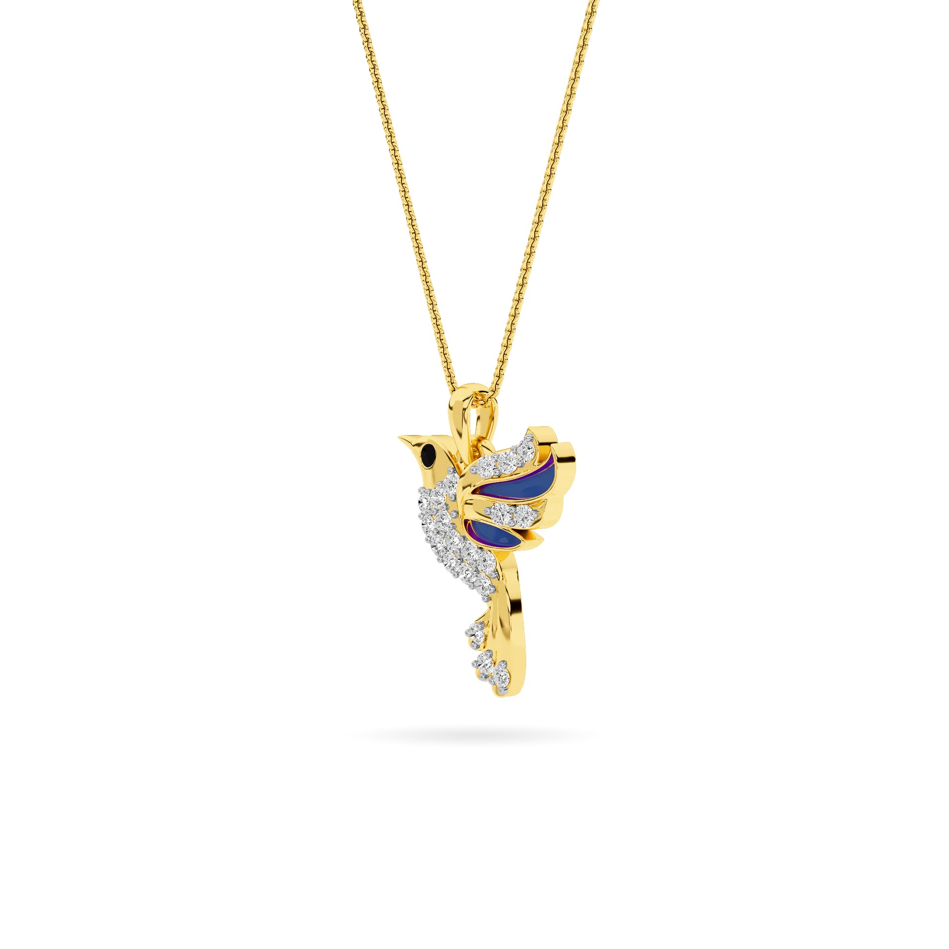 Yellow Gold Blue Enamel Hummingbird Pendant