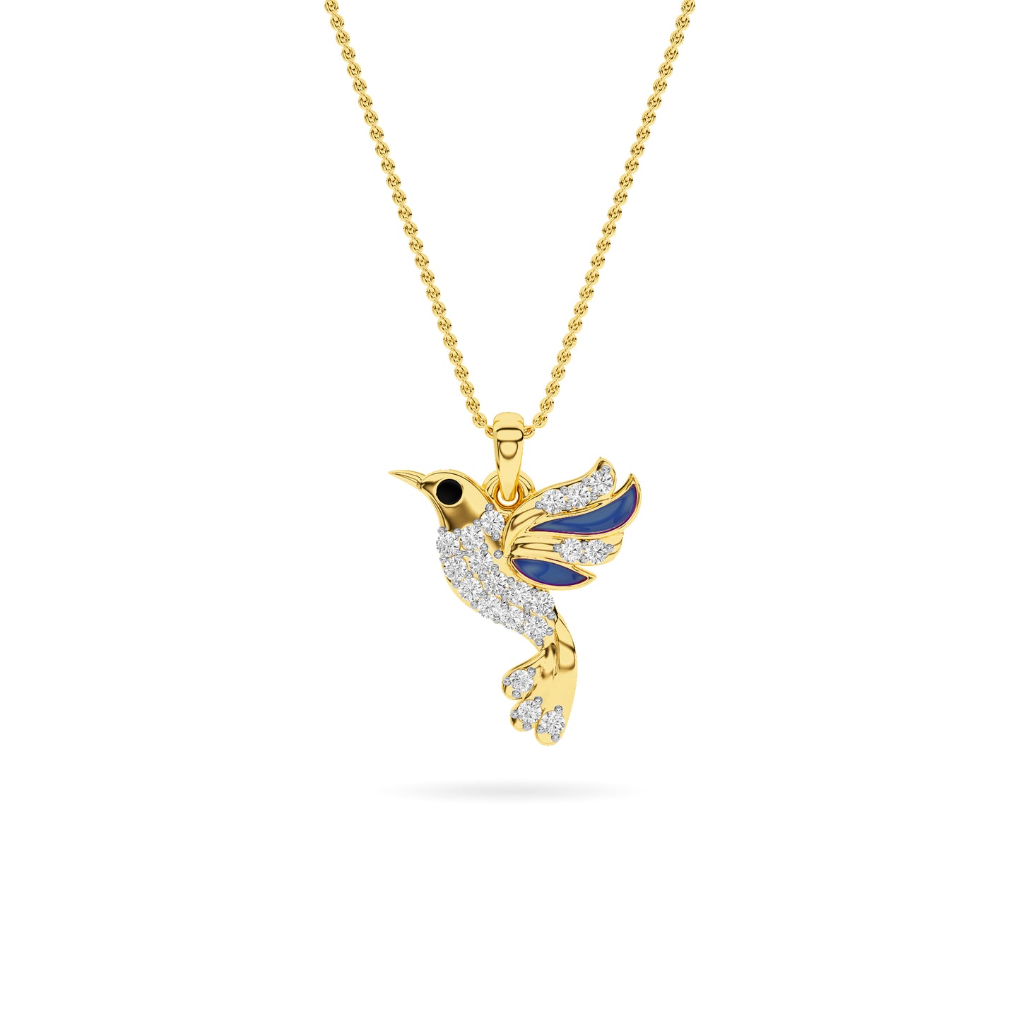 Yellow Gold Blue Enamel Hummingbird Pendant