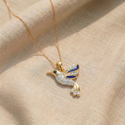 Yellow Gold Blue Enamel Hummingbird Pendant