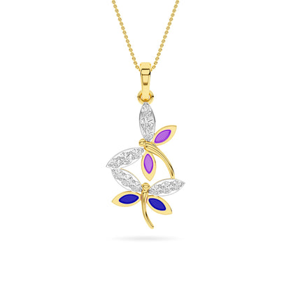 Yellow Gold Purple Enamel Dragonfly Diamond Pendant