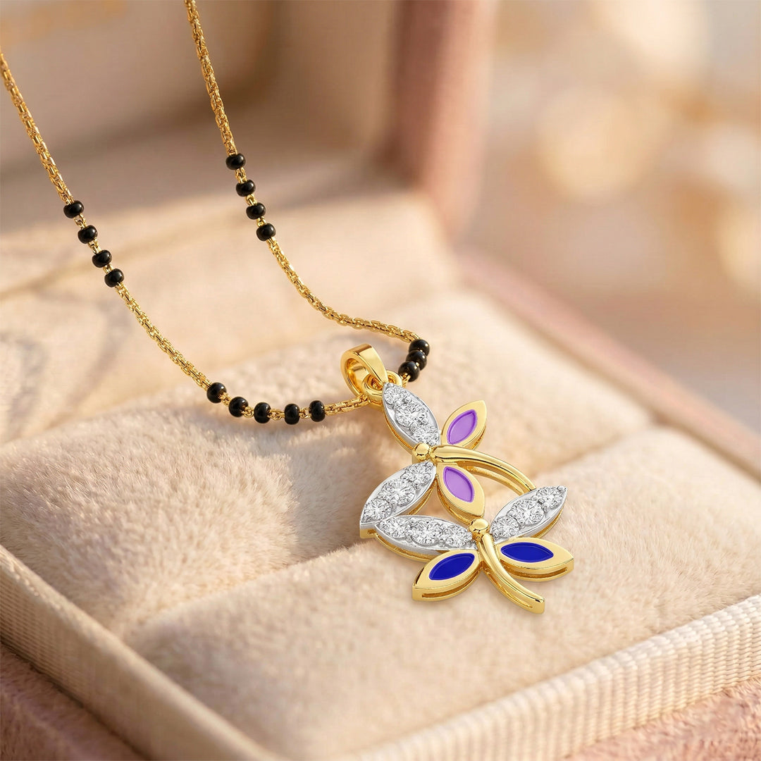Yellow Gold Purple Enamel Dragonfly Diamond Pendant