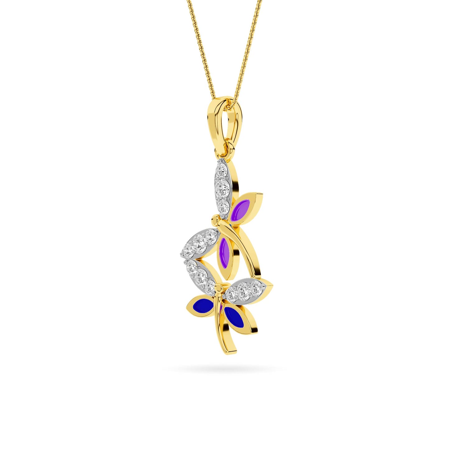 Yellow Gold Purple Enamel Dragonfly Diamond Pendant