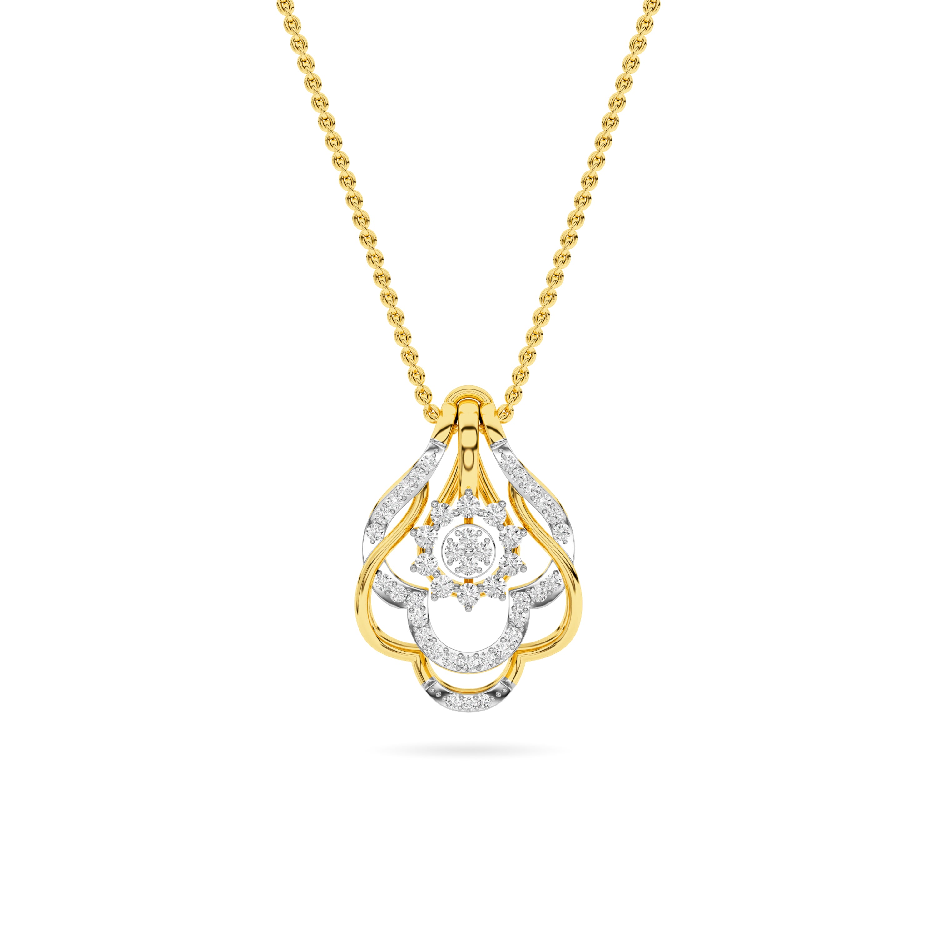 Yellow Gold Floral Halo Cluster Diamond Pendant