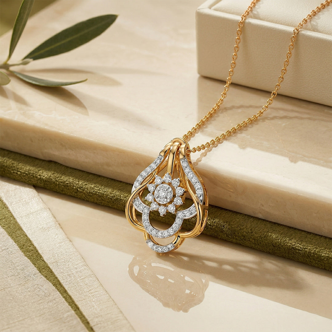 Yellow Gold Floral Halo Cluster Diamond Pendant