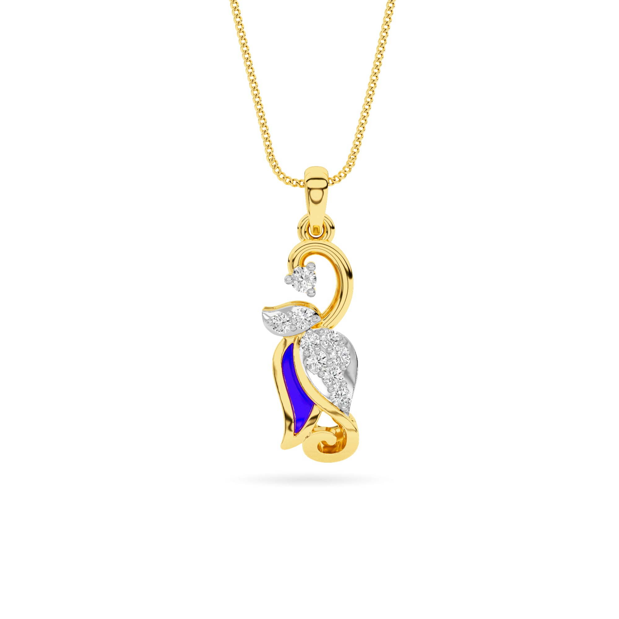 Yellow Gold Blue Enamel Peacock Diamond Pendant
