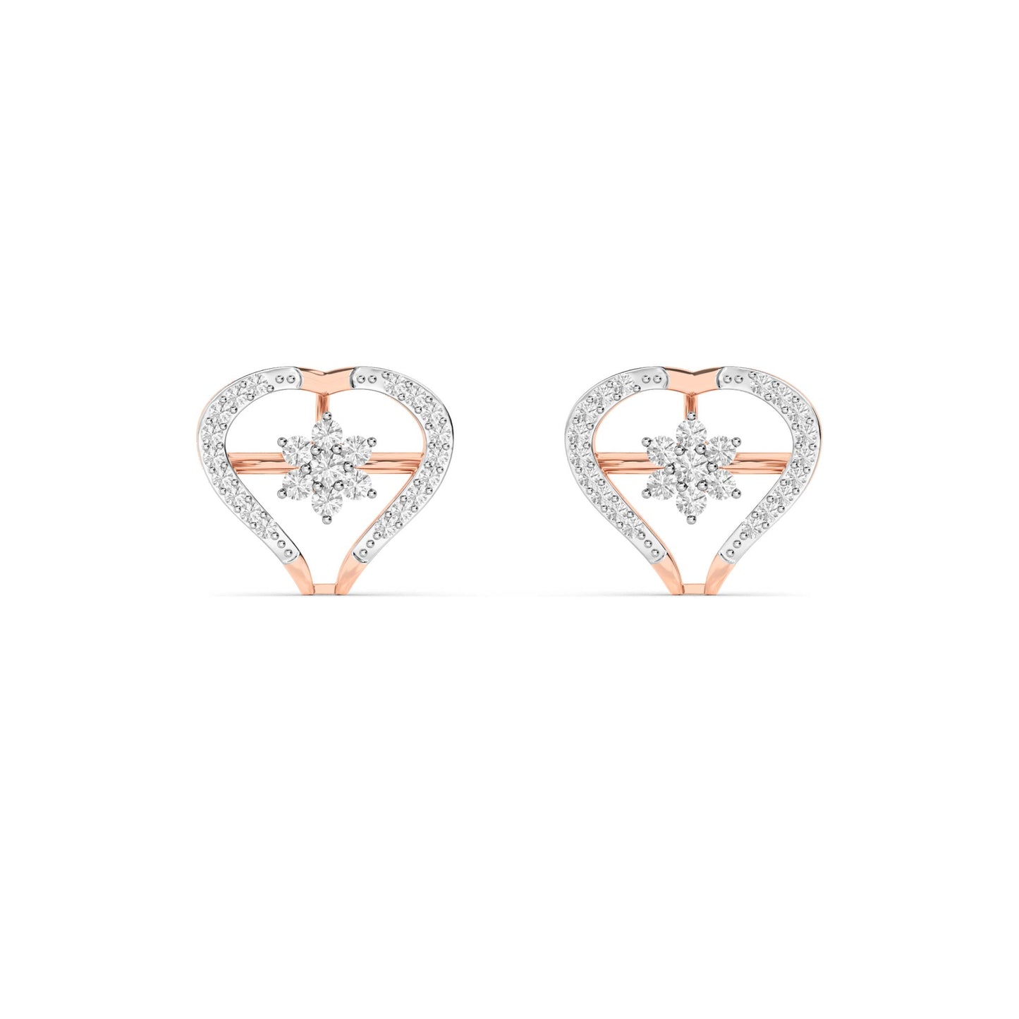 Rose Gold Open Heart Cluster Diamond Stud Earrings