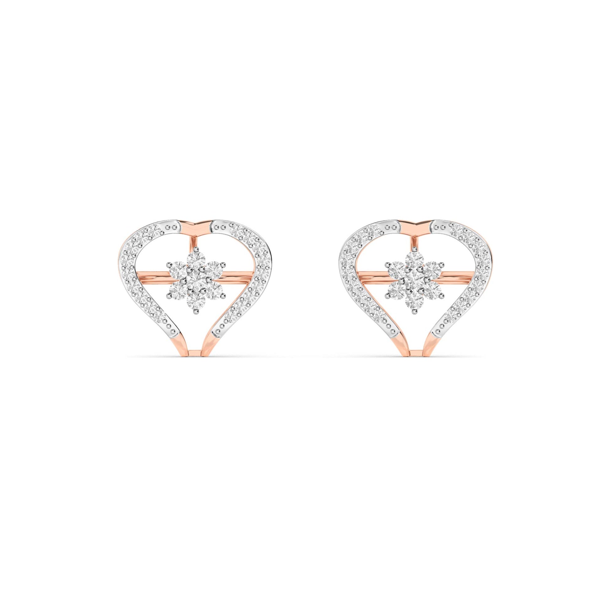 Rose Gold Open Heart Cluster Diamond Stud Earrings