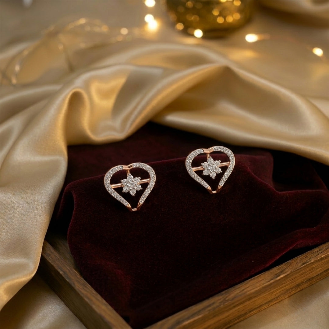 Rose Gold Open Heart Cluster Diamond Stud Earrings