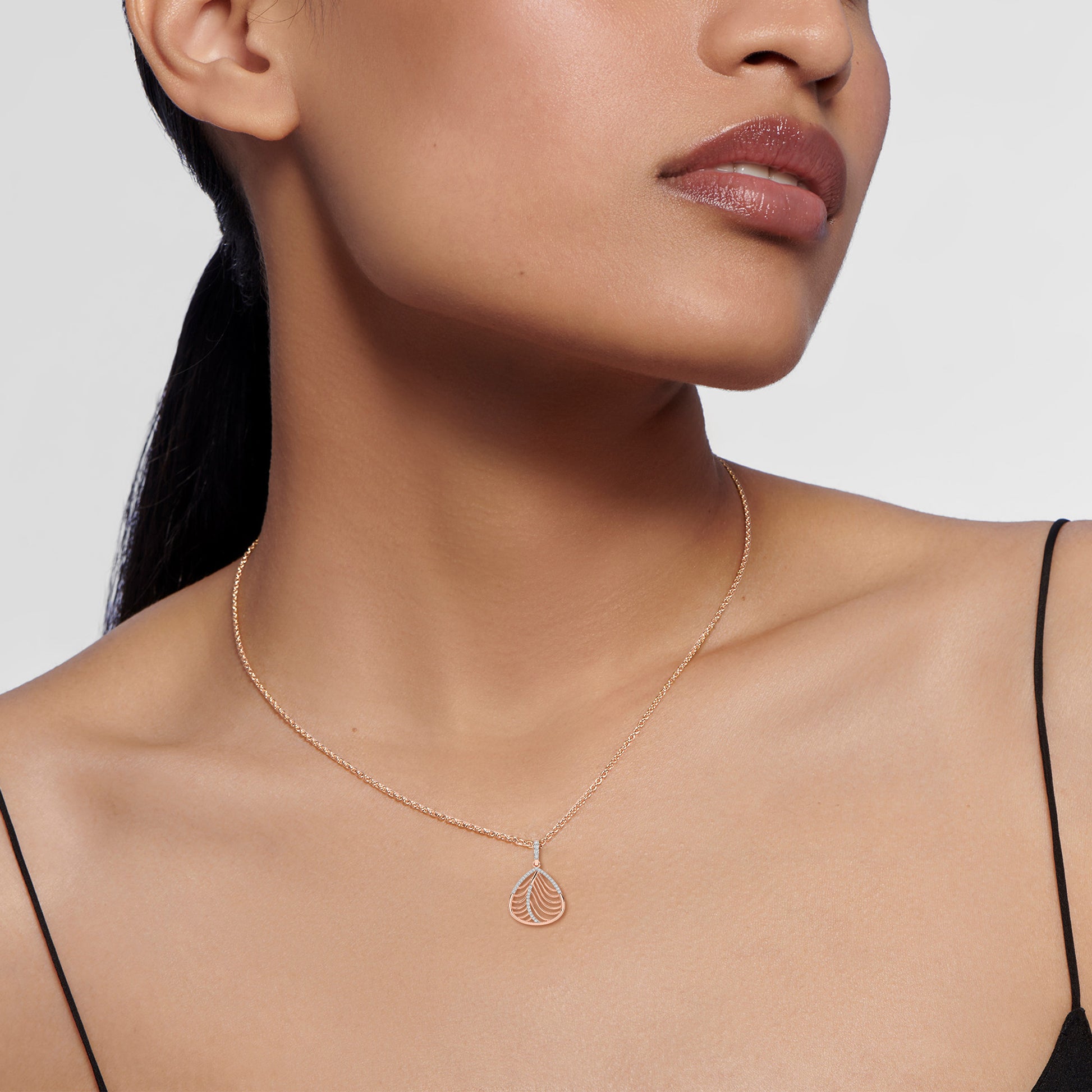 Rose Gold Feather Leaf Diamond Pendant