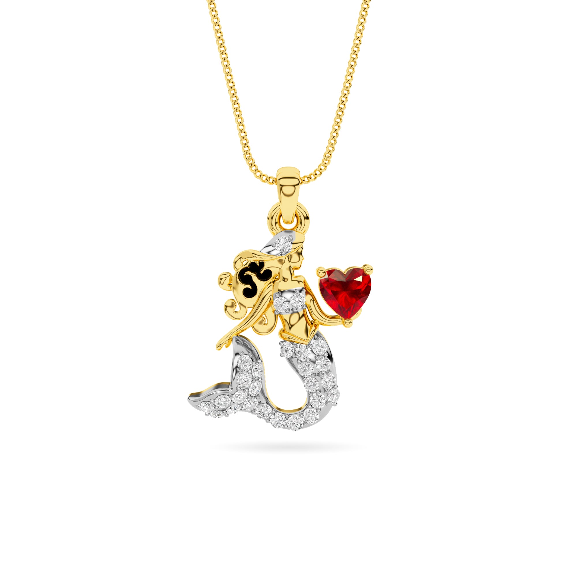 Yellow Gold Mermaid Ruby Heart Diamond Pendant