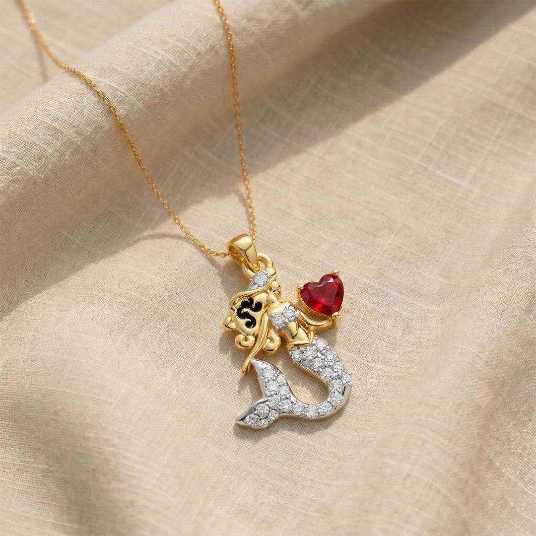 Yellow Gold Mermaid Ruby Heart Diamond Pendant