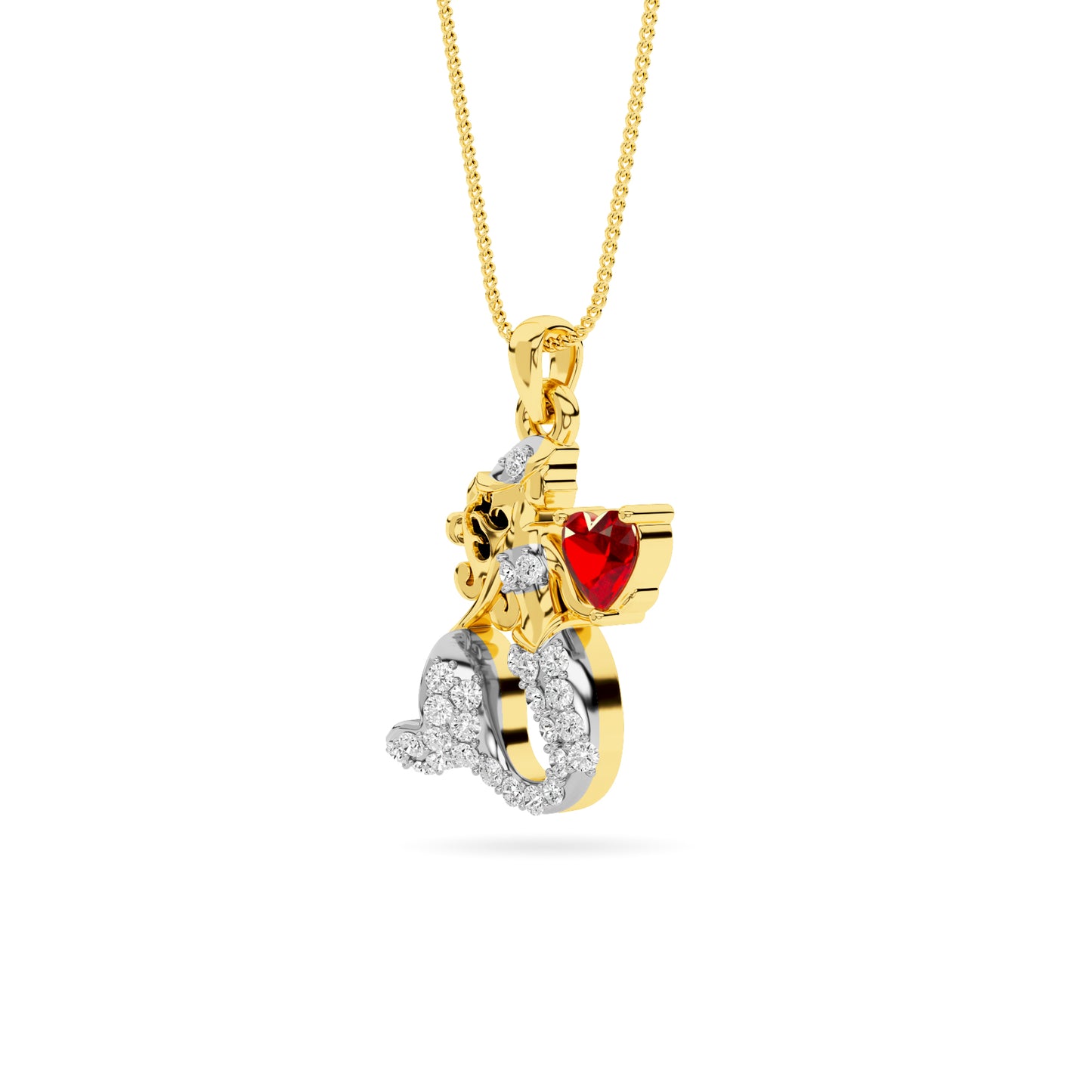 Yellow Gold Mermaid Ruby Heart Diamond Pendant