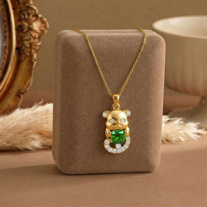 Yellow Gold Green Stone Baby Panda Diamond Pendant