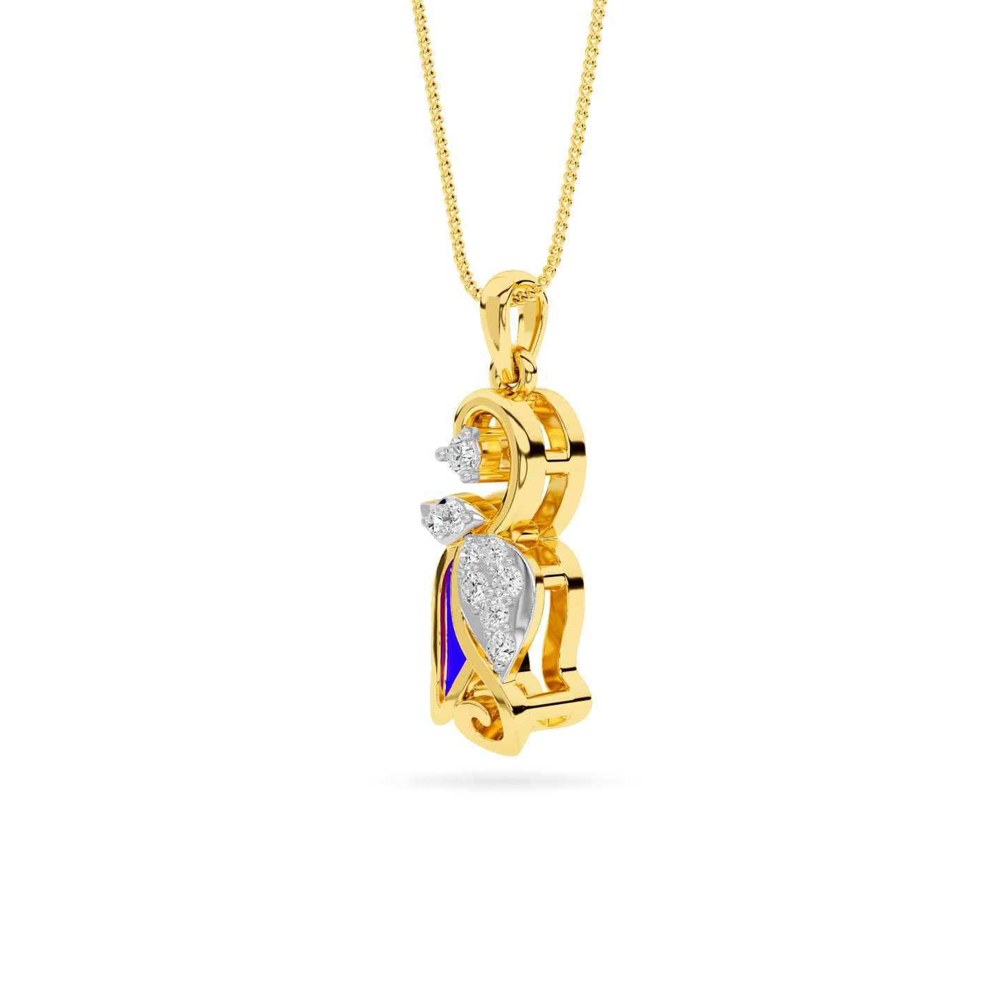 Yellow Gold Blue Enamel Peacock Diamond Pendant