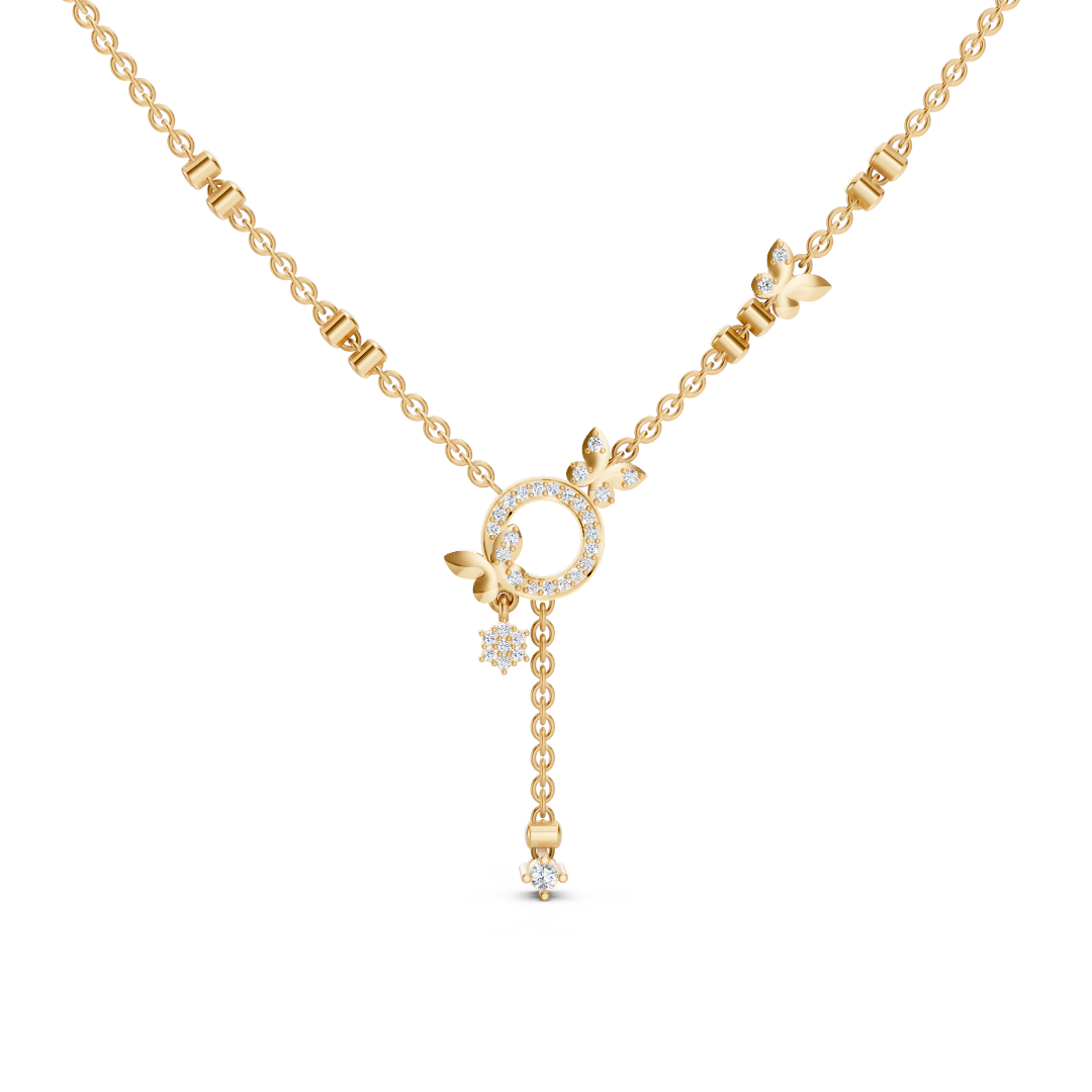 14K Gold Butterfly Circle Diamond Lariat Necklace